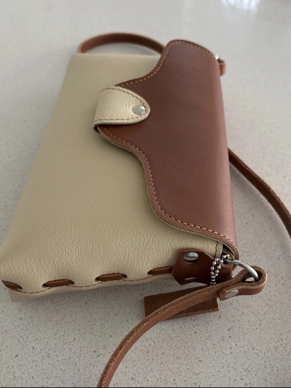 Artisan IVAN Handmade Leather Crossbody Purse Unique Two-Tone Cream & Brown